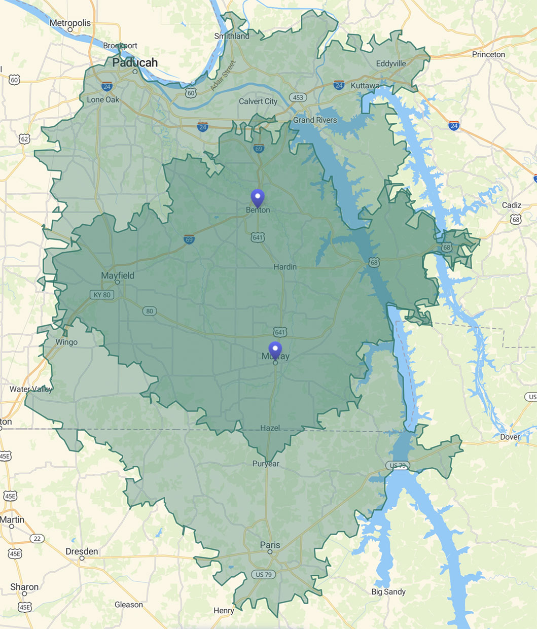Superior Cleaning of Murray 30-mile service radius map showing coverage areas in Kentucky and Tennessee